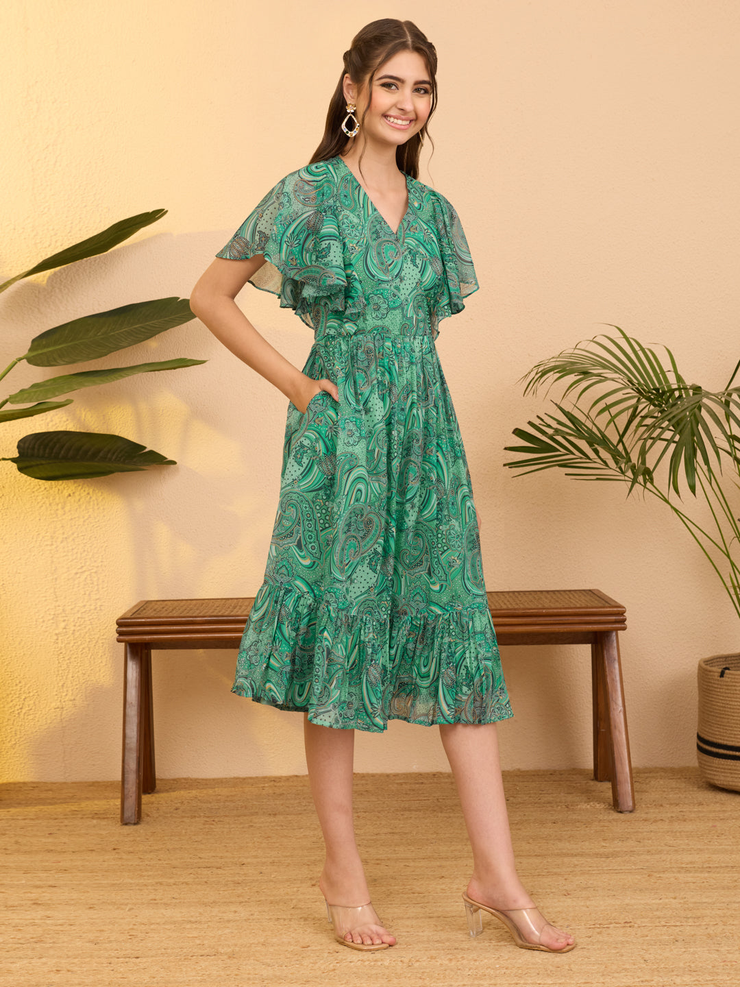 Janasya Aqua Flared Georgette Dress - Dista