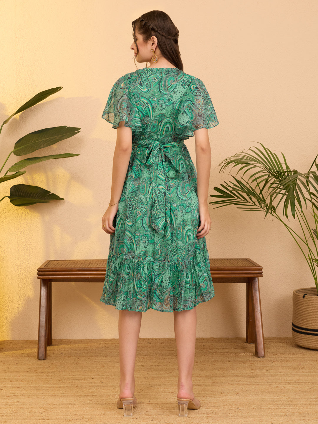 Janasya Aqua Flared Georgette Dress - Dista