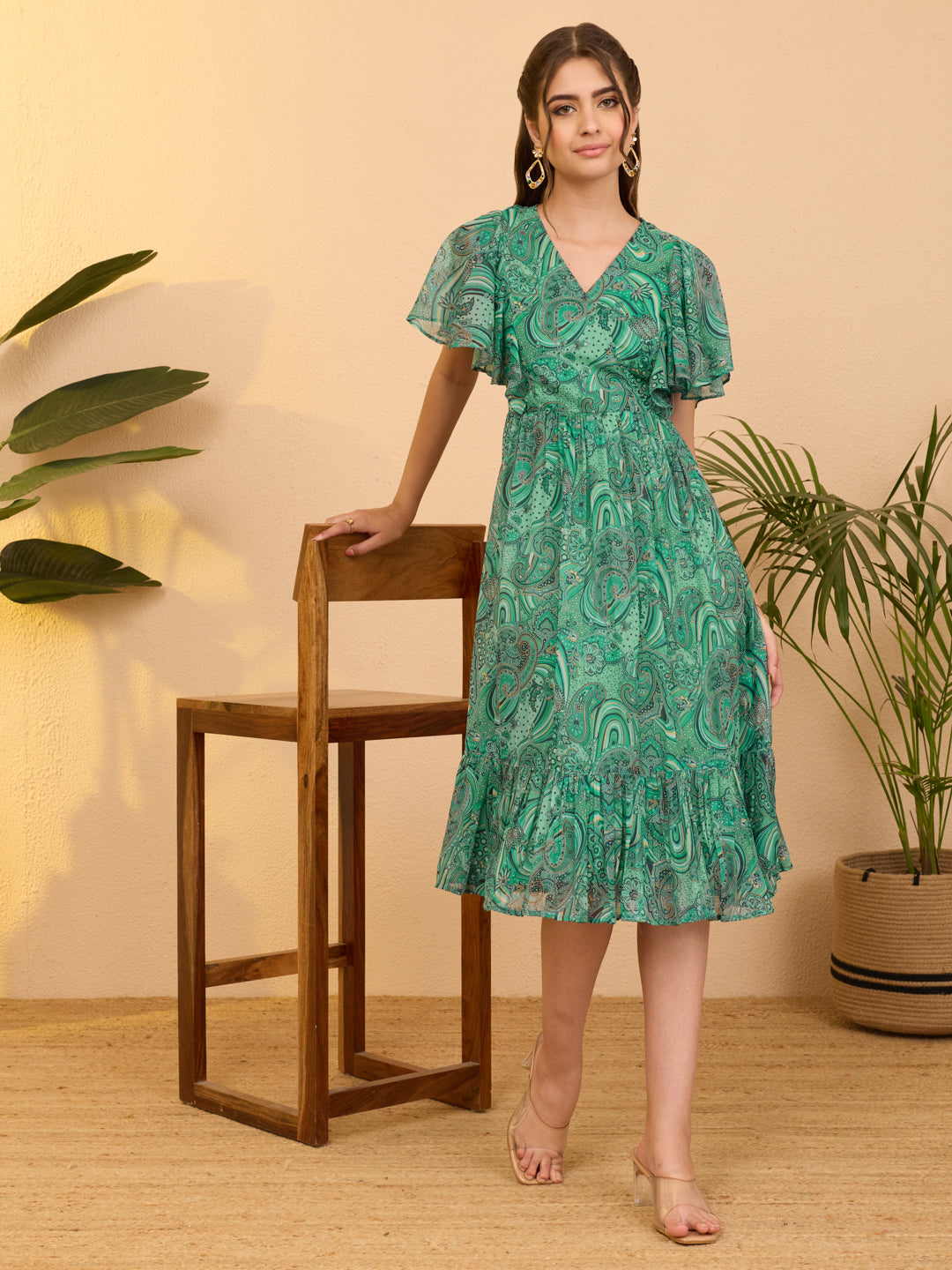Janasya Aqua Flared Georgette Dress - Dista