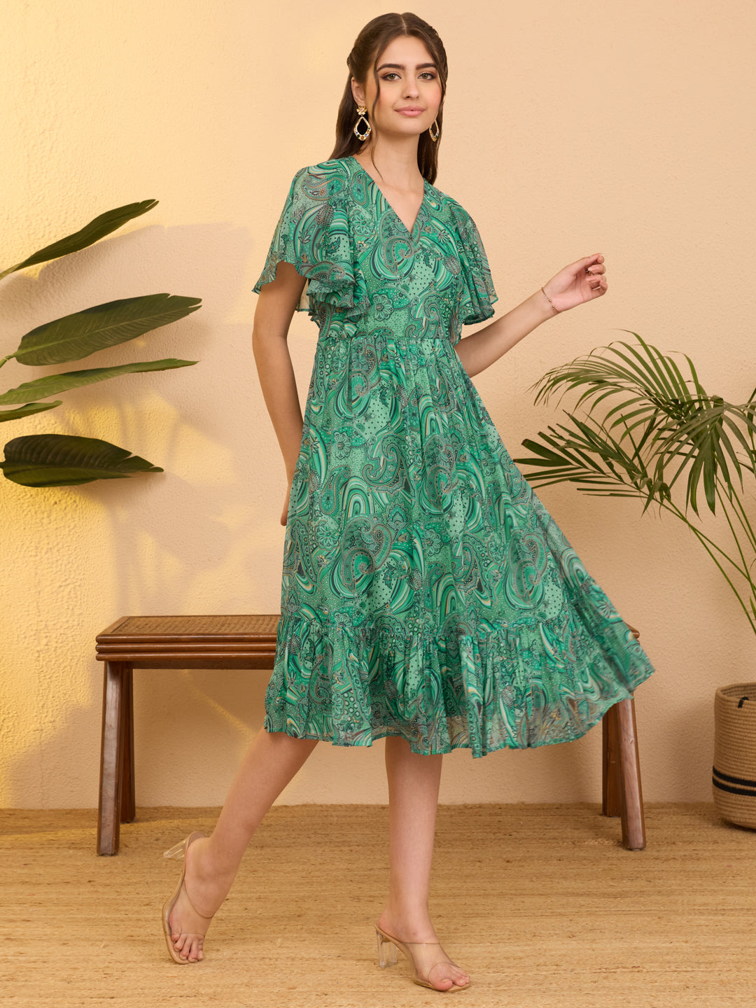 Janasya Aqua Flared Georgette Dress - Dista