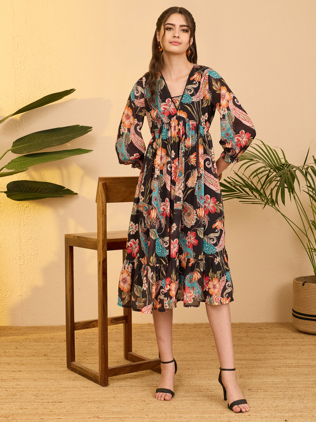 Janasya Black A-Line Georgette Dress - Dista