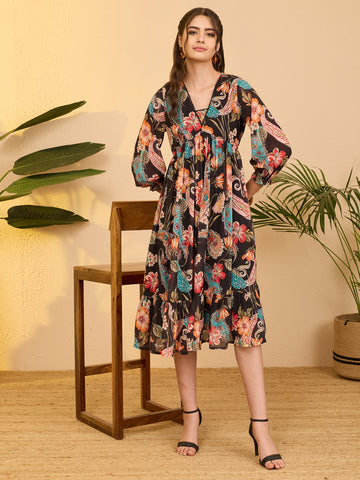 Janasya Black A-Line Georgette Dress - Dista