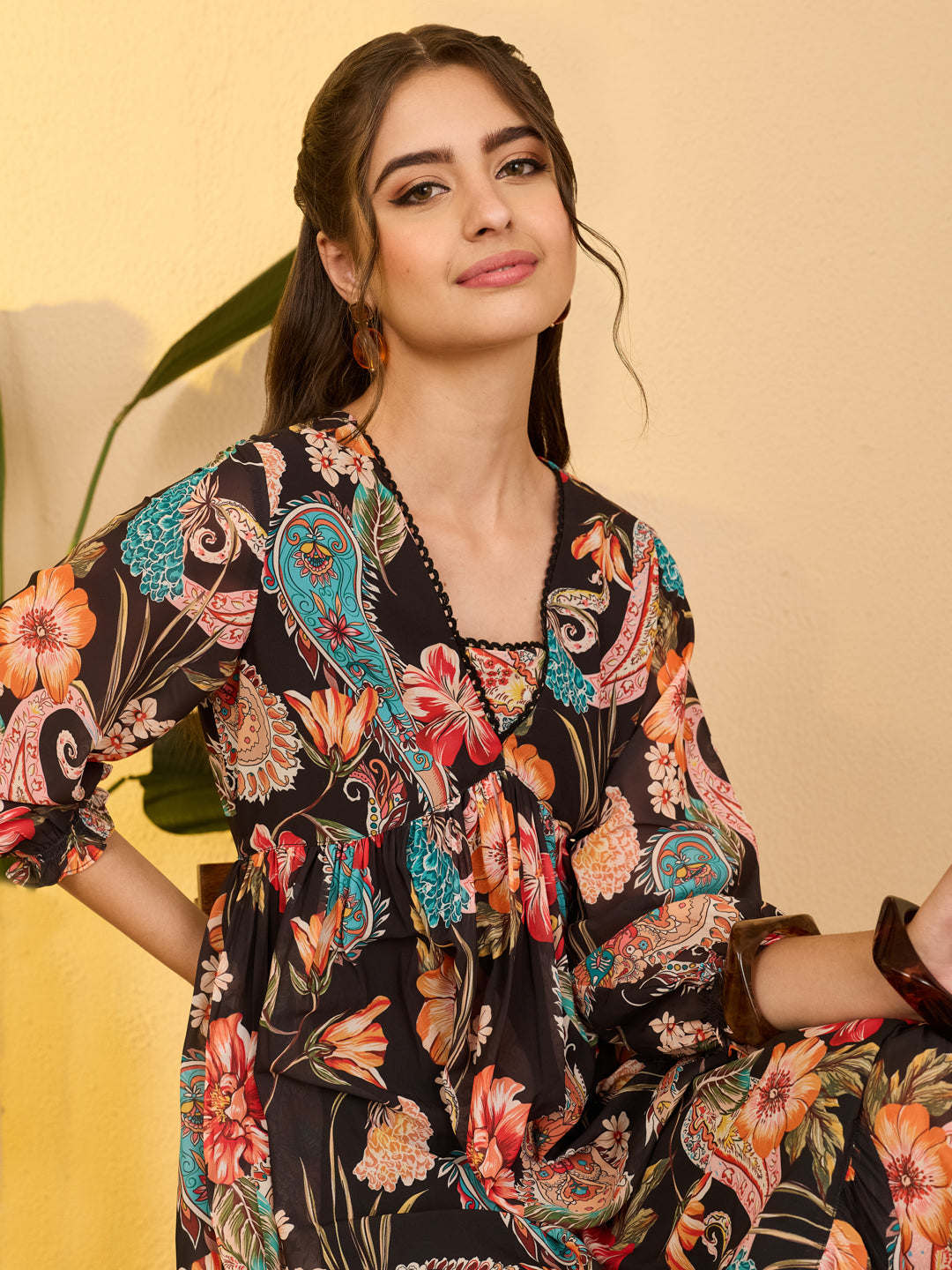 Janasya Black A-Line Georgette Dress - Dista