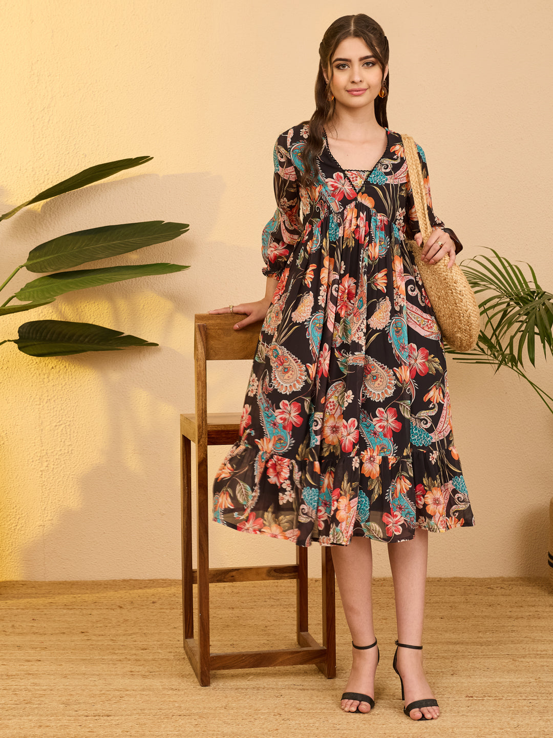 Janasya Black A-Line Georgette Dress - Dista