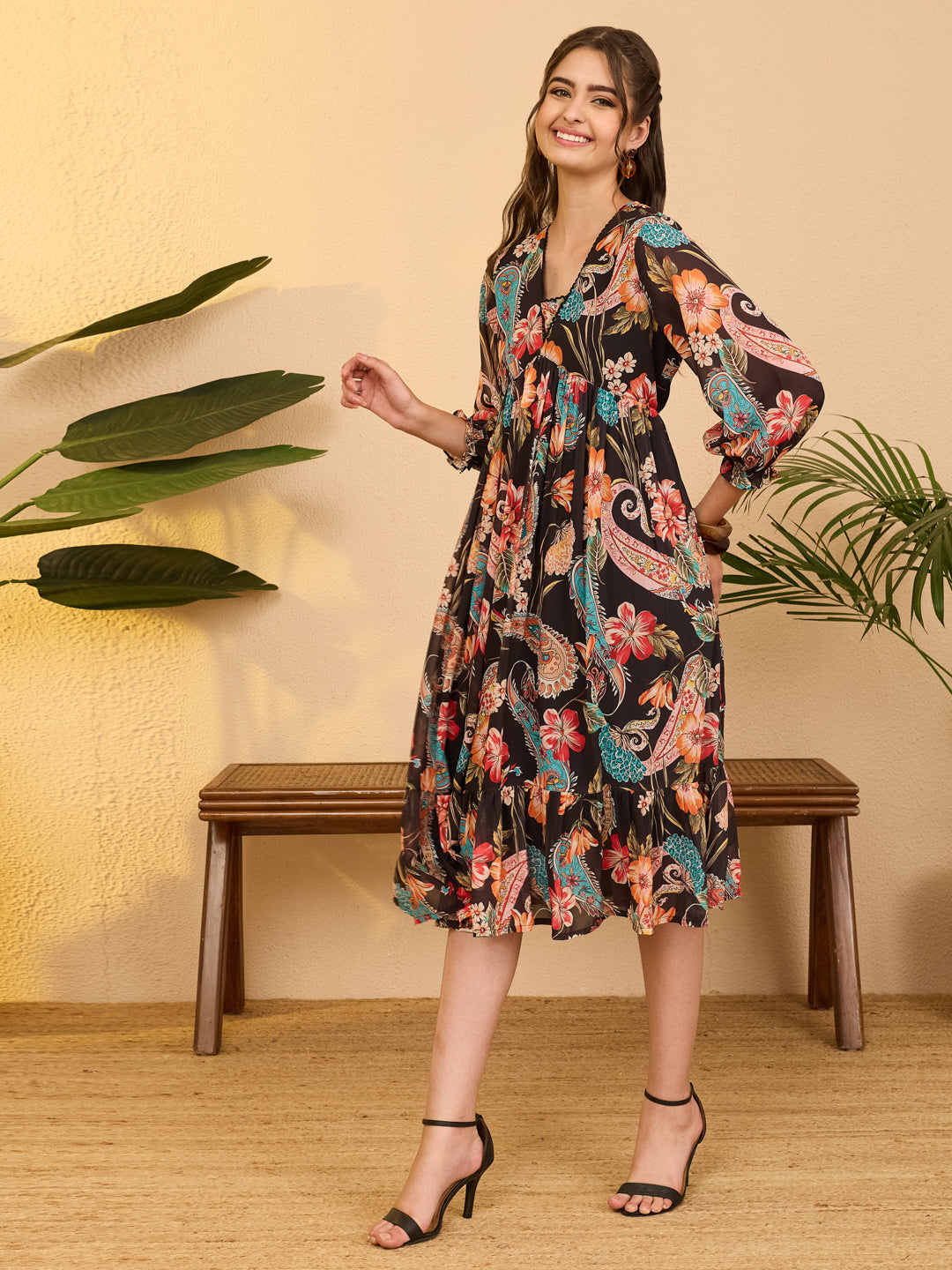 Janasya Black A-Line Georgette Dress - Dista