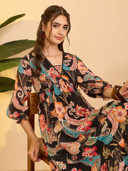 Janasya Black A-Line Georgette Dress - Dista