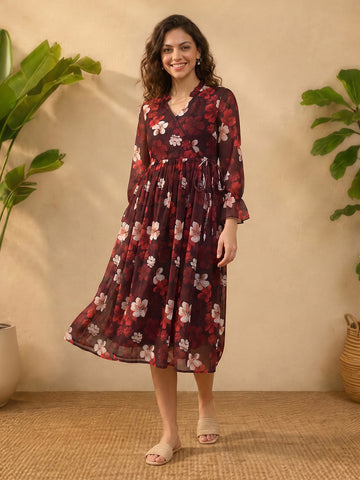 Janasya Brown Wrap Georgette Dress - Dista