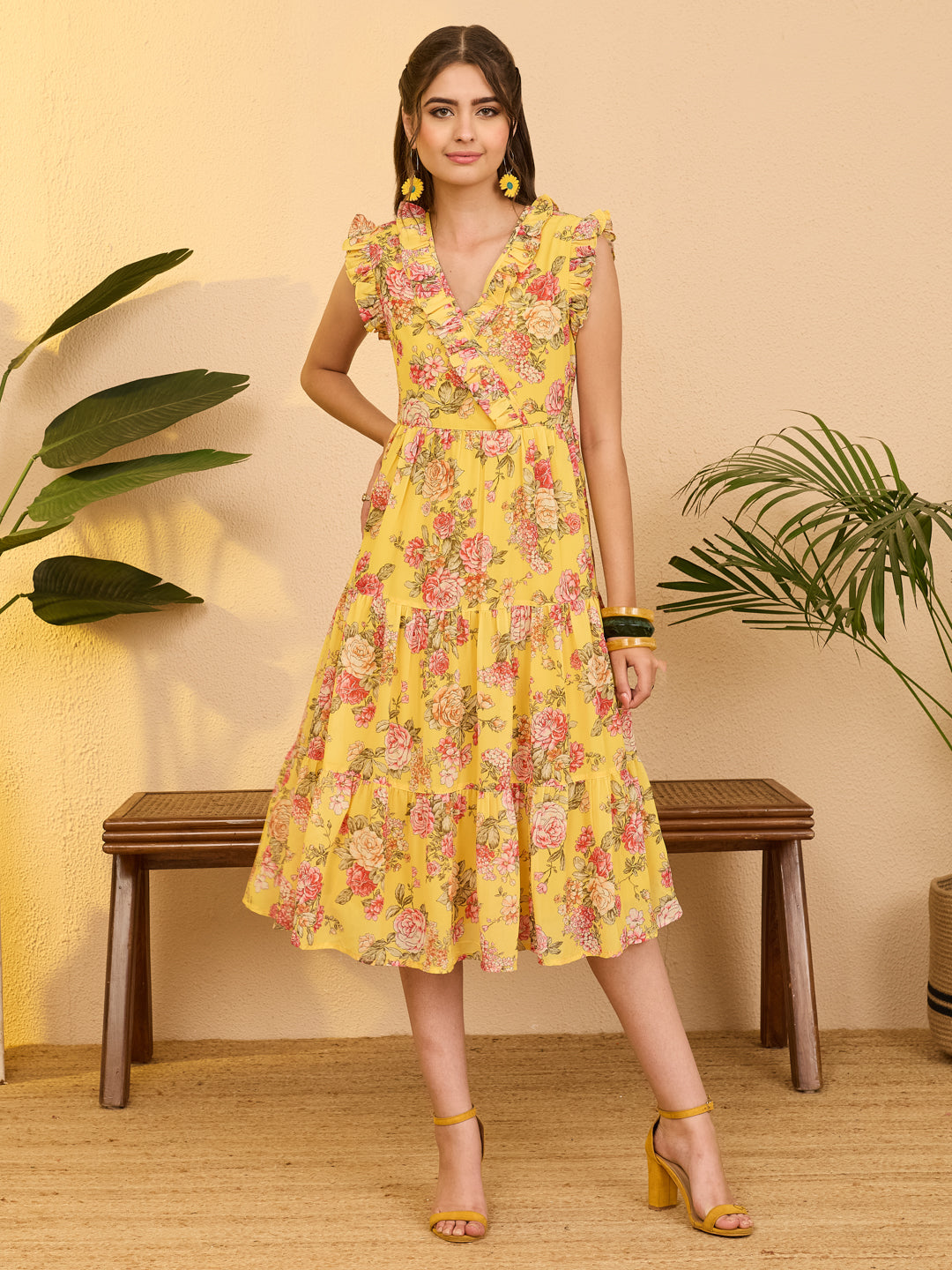 Janasya Yellow Tiered Georgette Dress - Dista