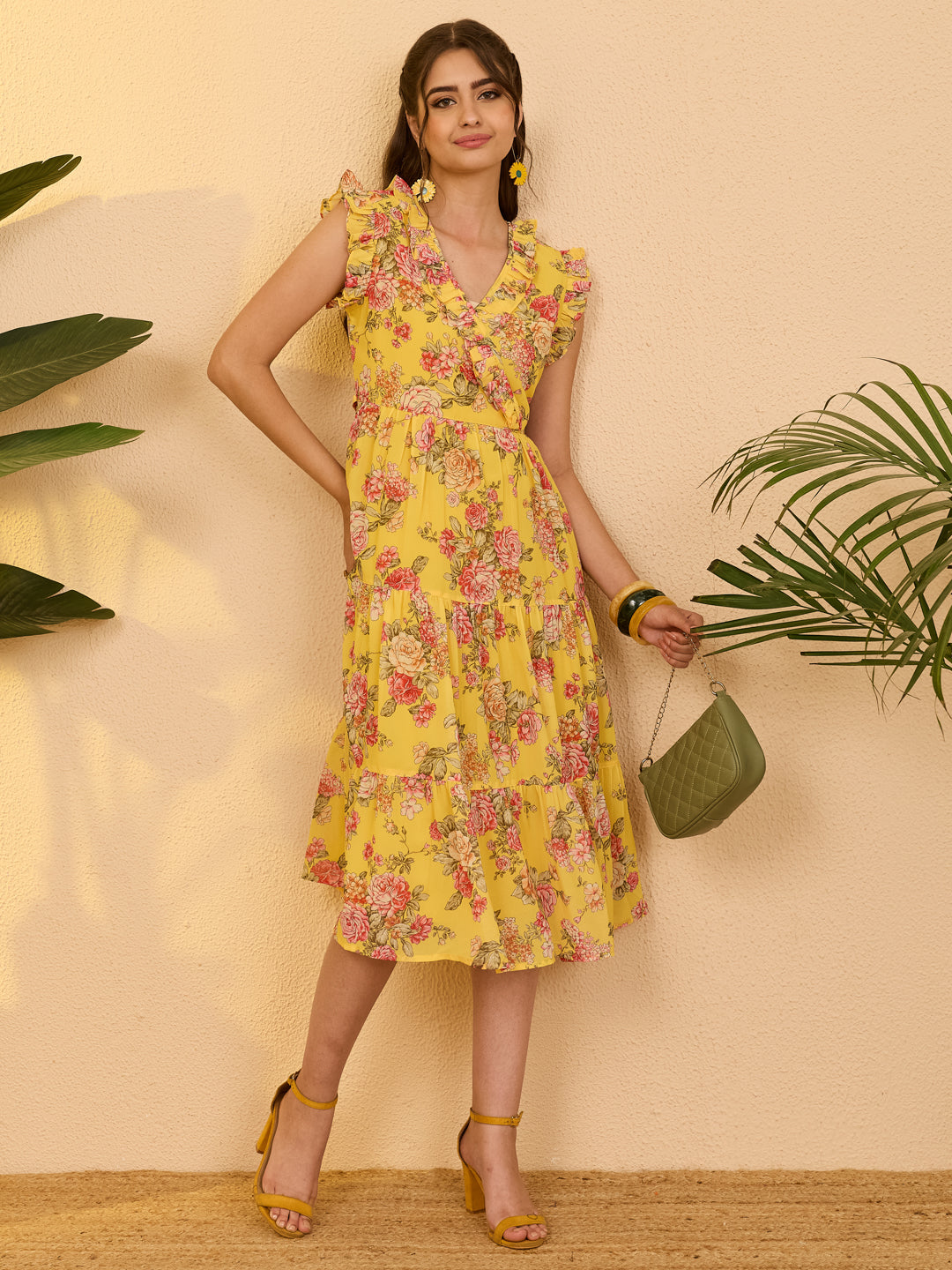 Janasya Yellow Tiered Georgette Dress - Dista