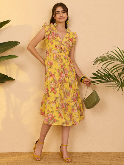 Janasya Yellow Tiered Georgette Dress - Dista