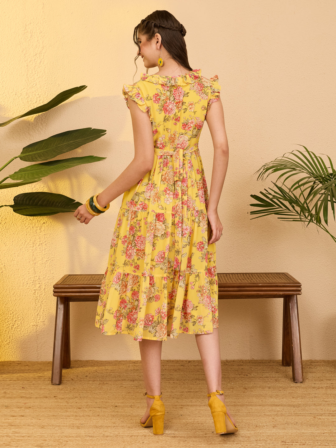 Janasya Yellow Tiered Georgette Dress - Dista