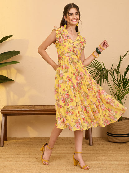Janasya Yellow Tiered Georgette Dress - Dista