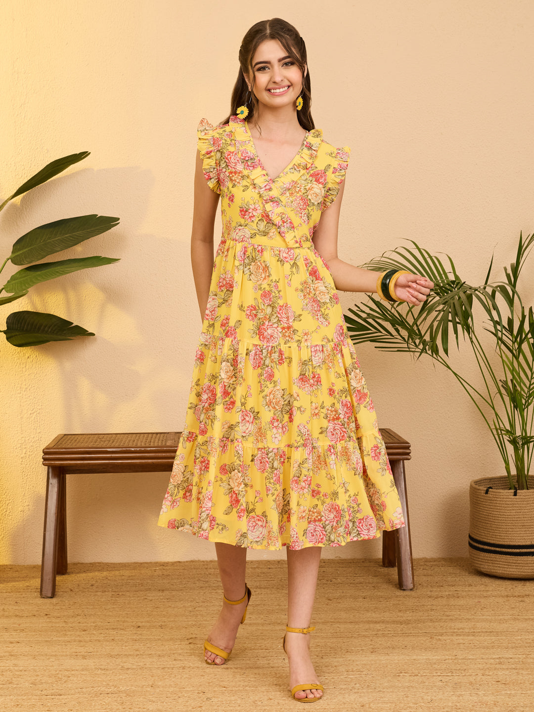 Janasya Yellow Tiered Georgette Dress - Dista