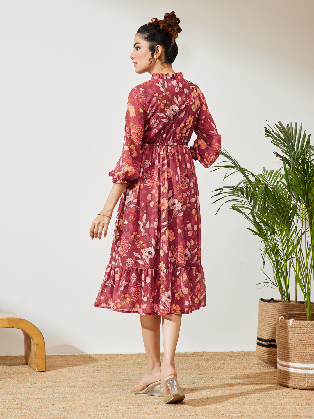 Janasya Maroon Fit & Flare Georgette Dress - Dista