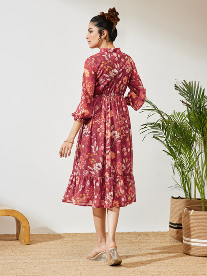 Janasya Maroon Fit & Flare Georgette Dress - Dista