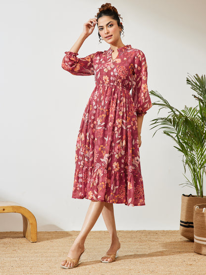Janasya Maroon Fit & Flare Georgette Dress - Dista