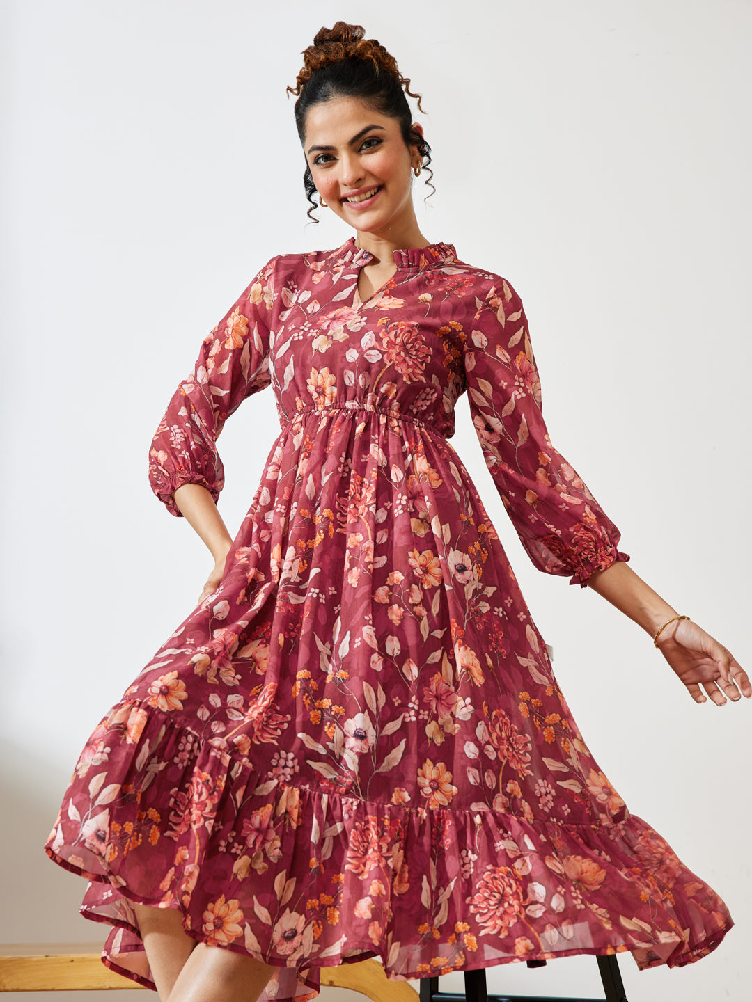 Janasya Maroon Fit & Flare Georgette Dress - Dista