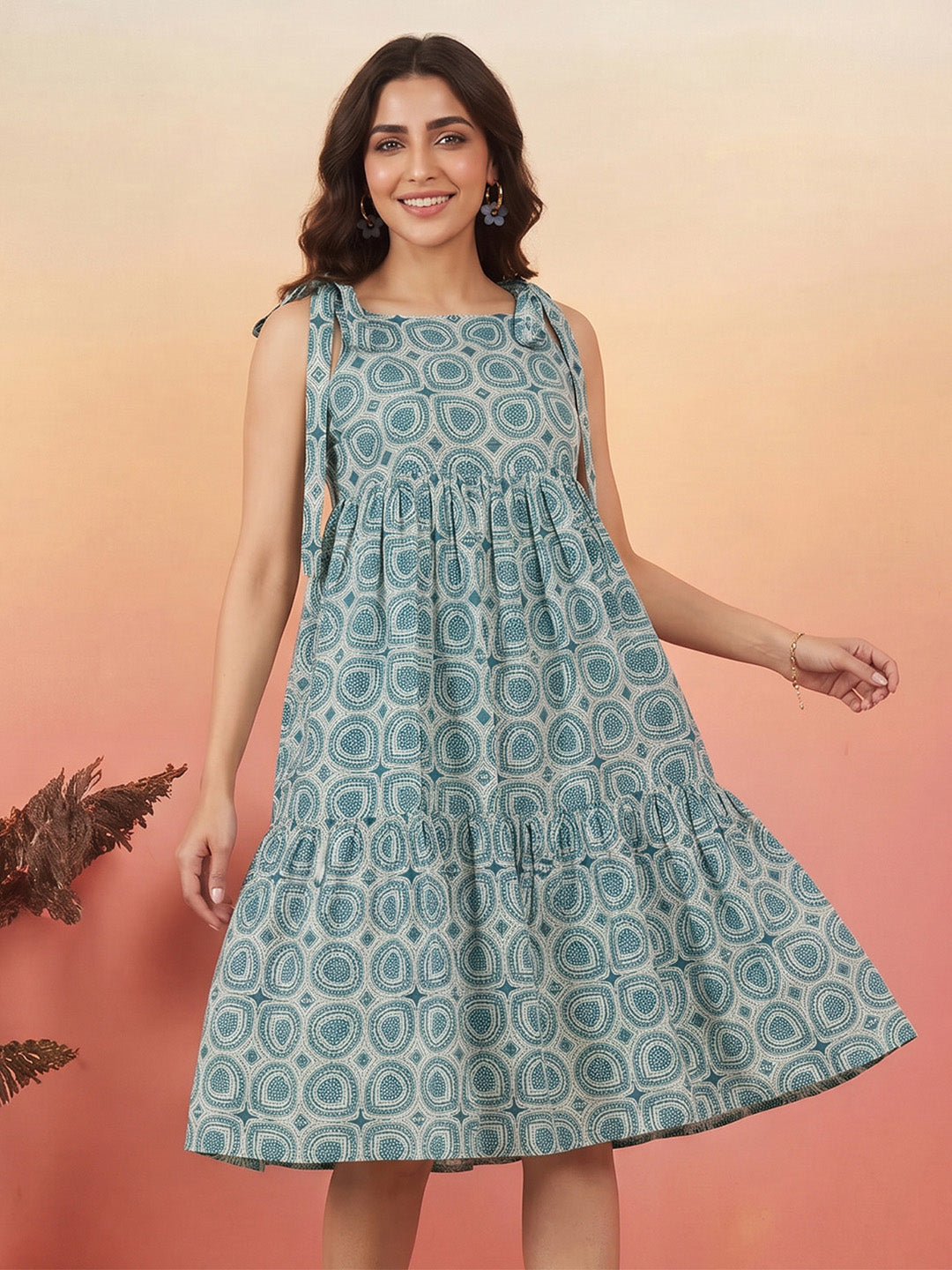 Janasya Teal Gathered Cotton Dress - Dista