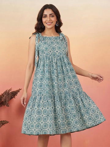 Janasya Teal Gathered Cotton Dress - Dista