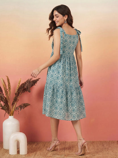 Janasya Teal Gathered Cotton Dress - Dista