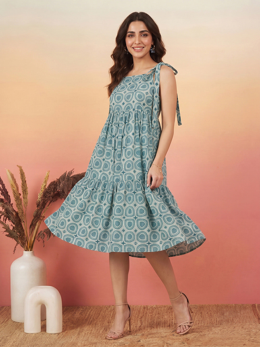 Janasya Teal Gathered Cotton Dress - Dista