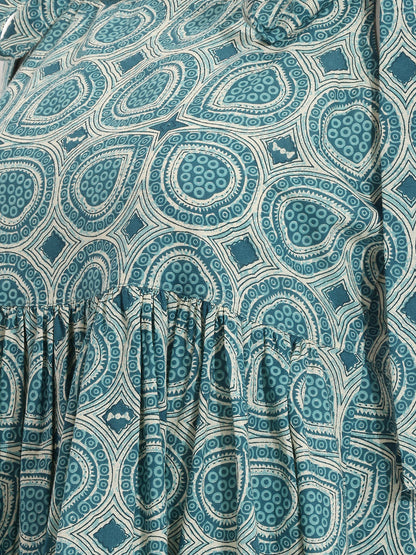 Janasya Teal Gathered Cotton Dress - Dista