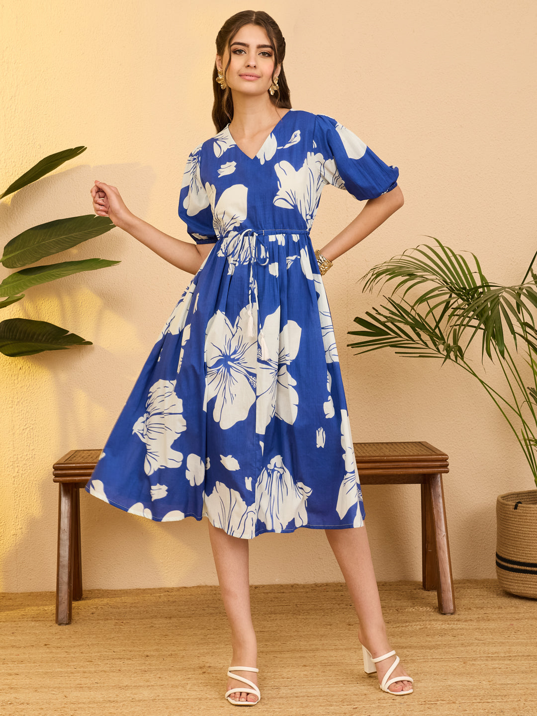 Janasya Royal Blue Fit & Flare Cotton Dress - Dista