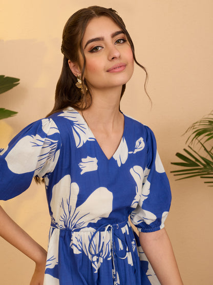 Janasya Royal Blue Fit & Flare Cotton Dress - Dista