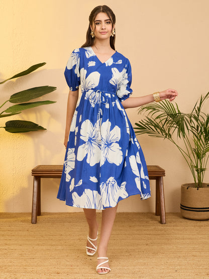 Janasya Royal Blue Fit & Flare Cotton Dress - Dista
