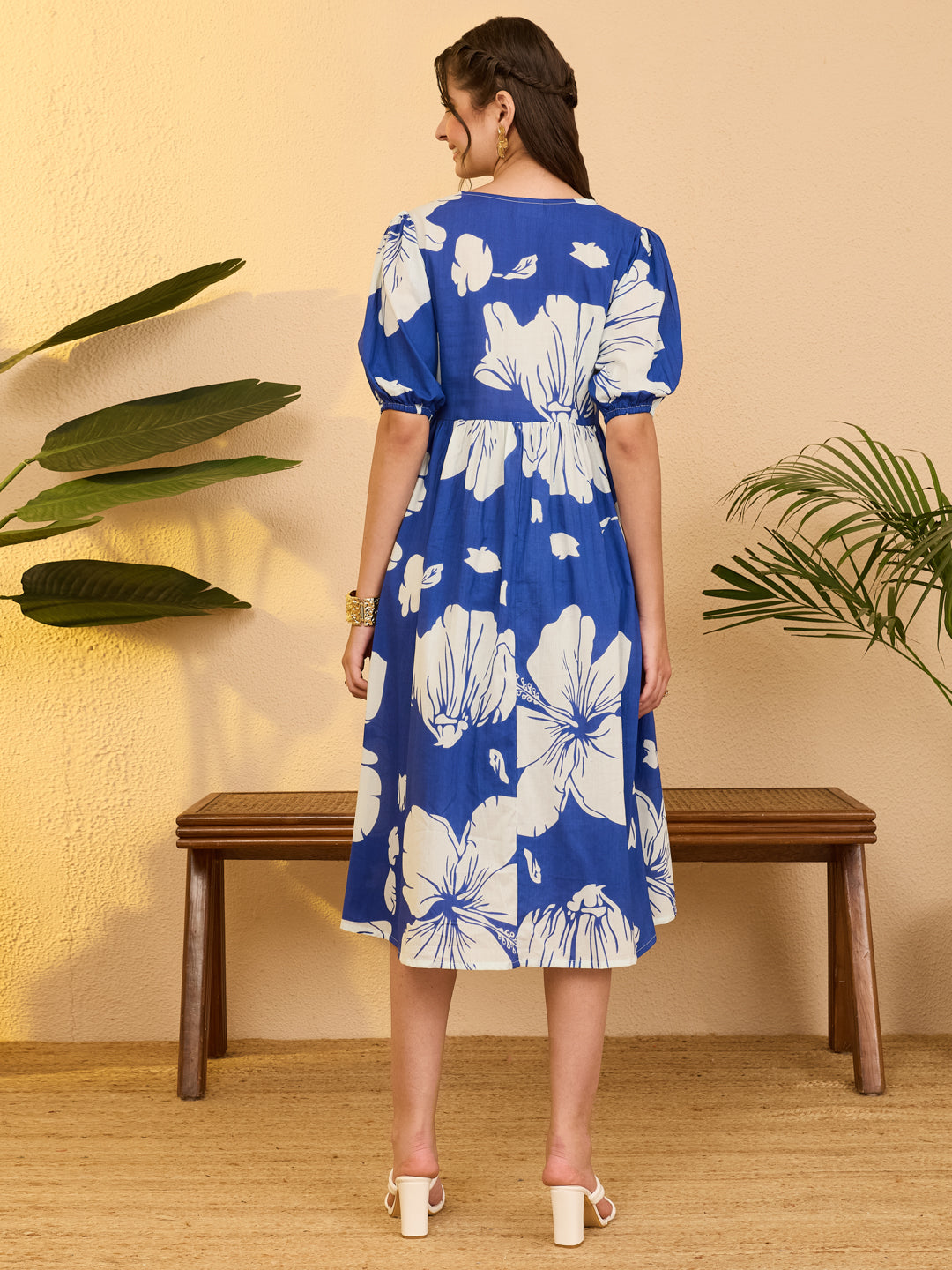 Janasya Royal Blue Fit & Flare Cotton Dress - Dista
