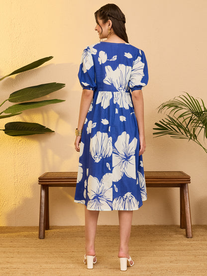 Janasya Royal Blue Fit & Flare Cotton Dress - Dista