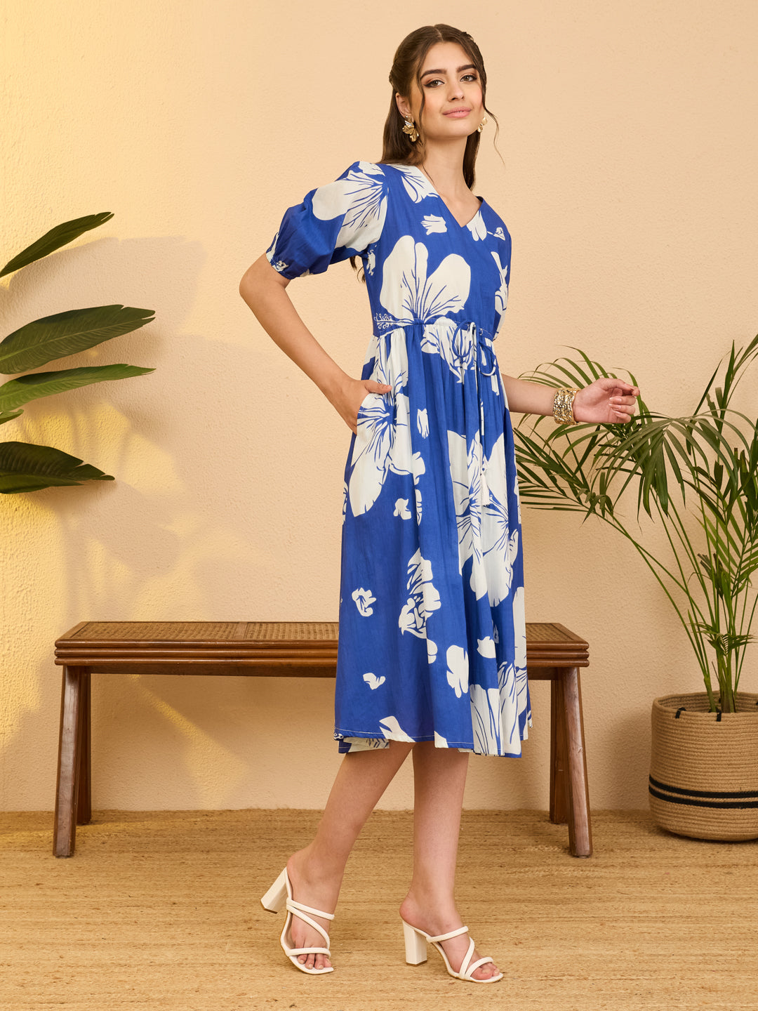 Janasya Royal Blue Fit & Flare Cotton Dress - Dista