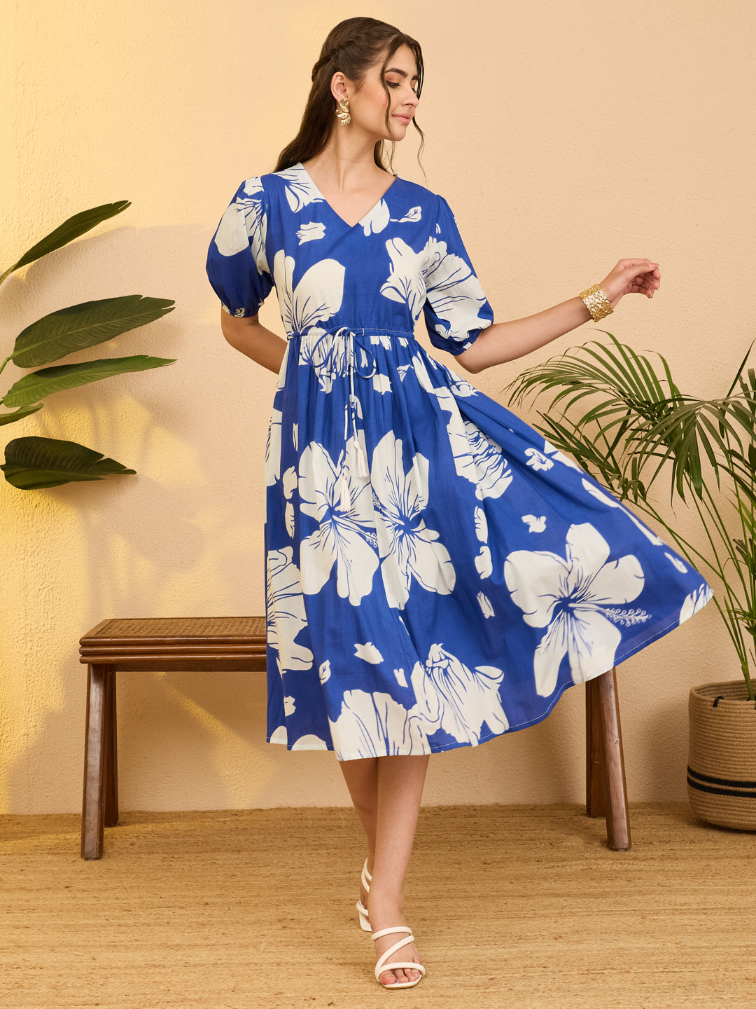 Janasya Royal Blue Fit & Flare Cotton Dress - Dista