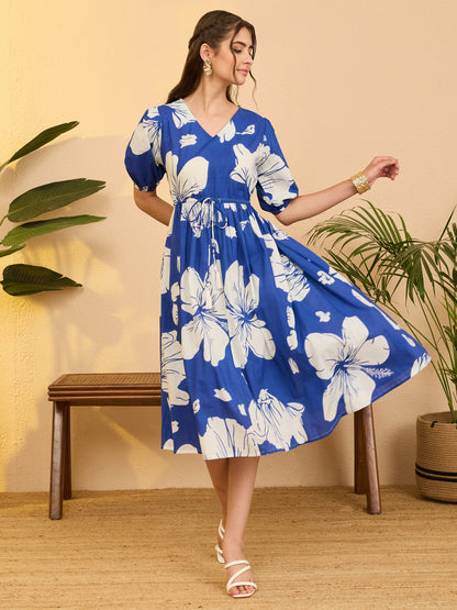 Janasya Royal Blue Fit & Flare Cotton Dress - Dista