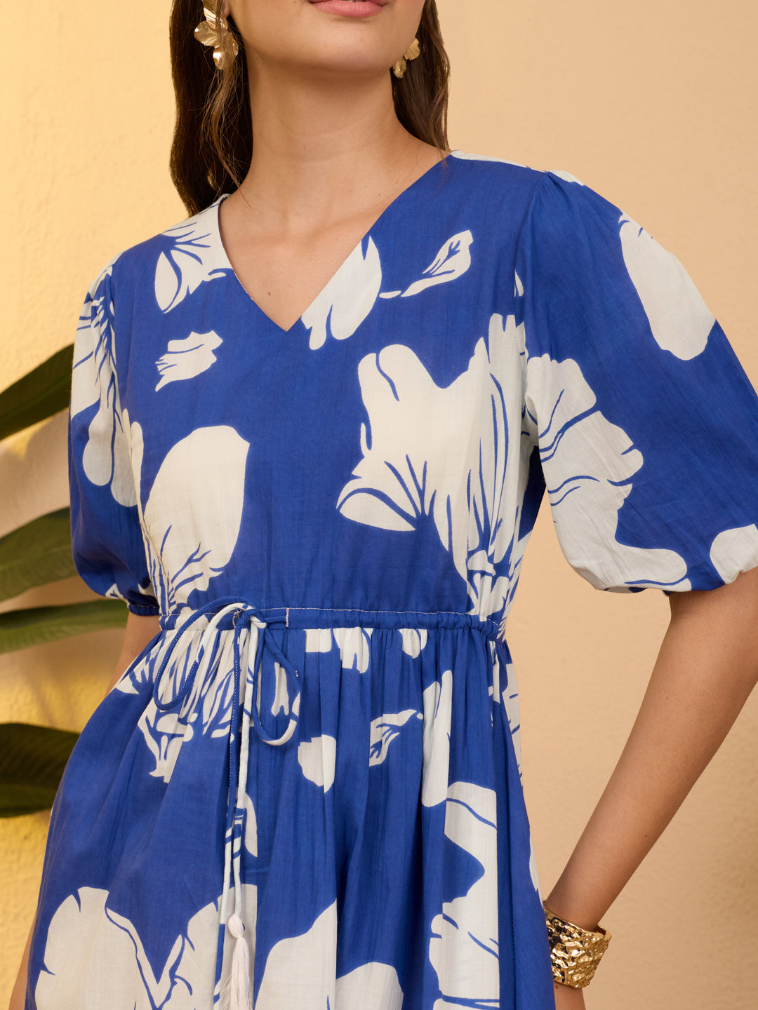 Janasya Royal Blue Fit & Flare Cotton Dress - Dista
