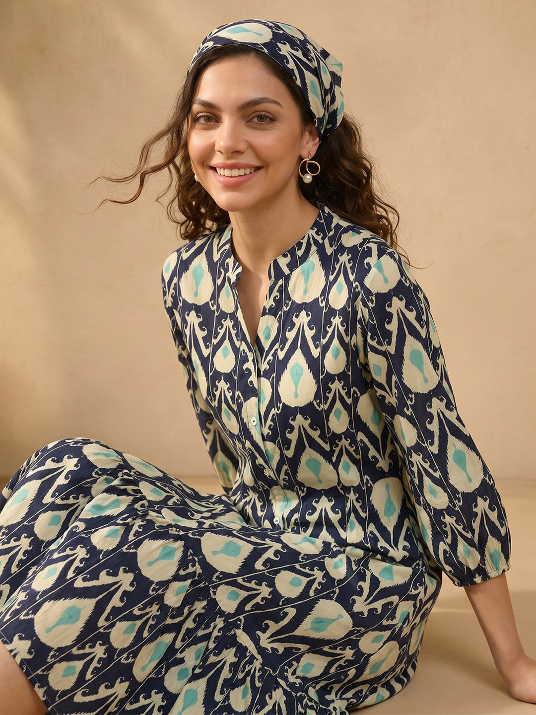 Janasya Navy Blue A-Line Cotton Dress - Dista