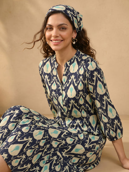 Janasya Navy Blue A-Line Cotton Dress - Dista