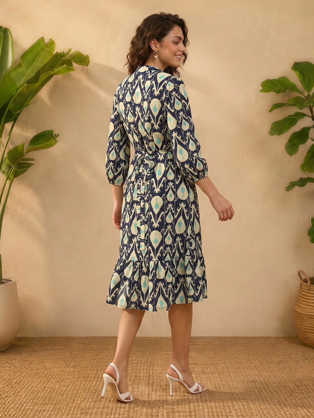 Janasya Navy Blue A-Line Cotton Dress - Dista