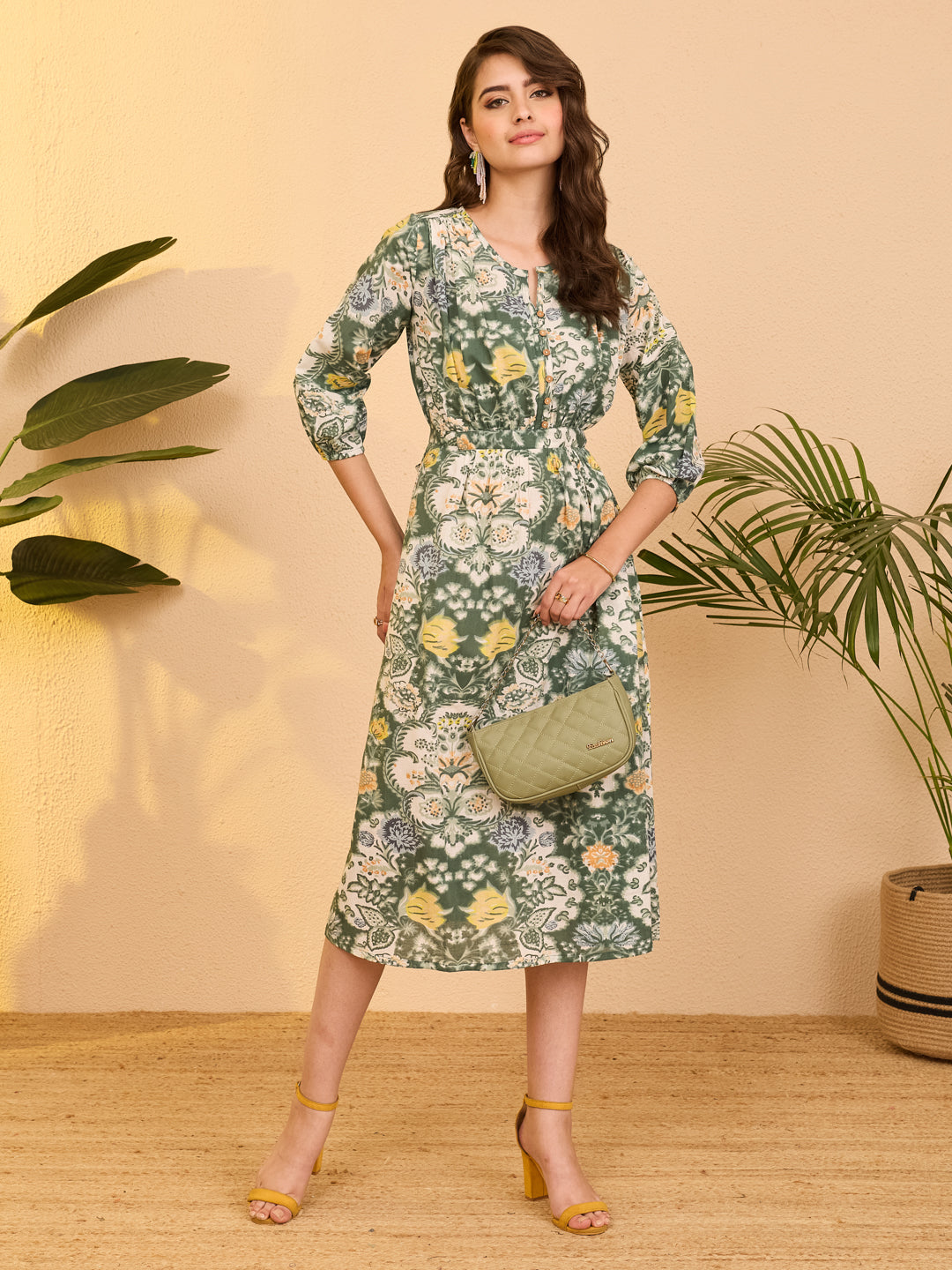 Janasya Sage Fit & Flare Cotton Dress - Dista