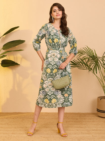 Janasya Sage Fit & Flare Cotton Dress - Dista