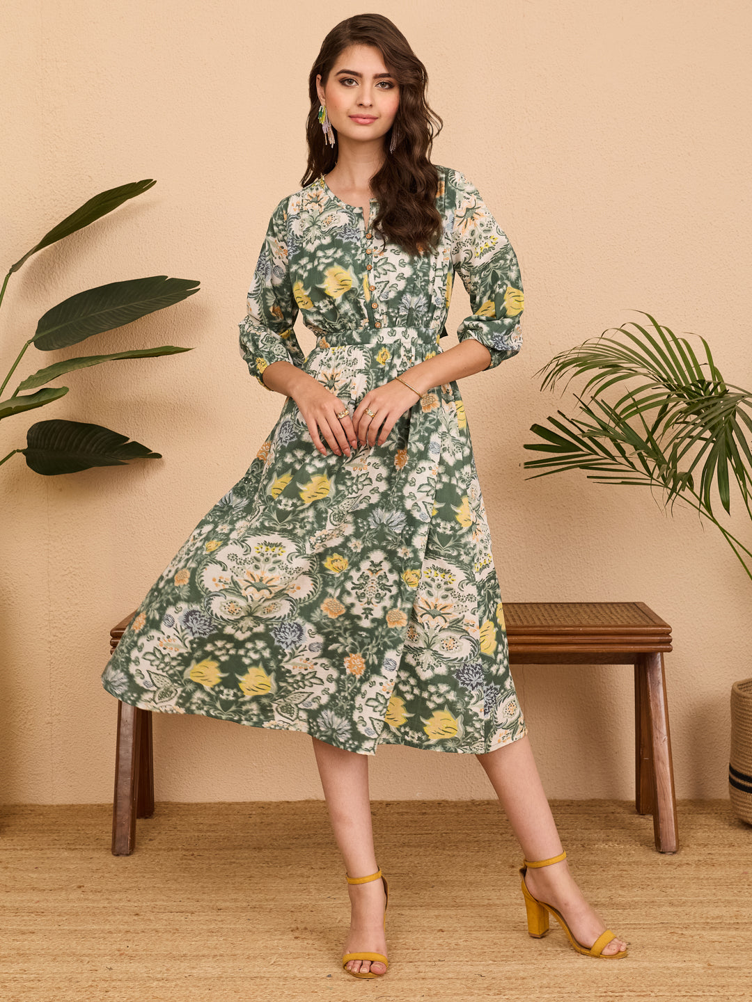 Janasya Sage Fit & Flare Cotton Dress - Dista