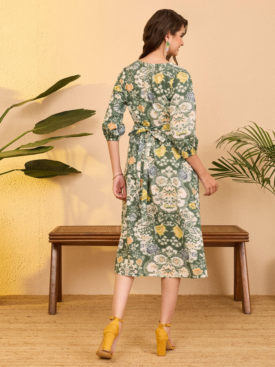 Janasya Sage Fit & Flare Cotton Dress - Dista