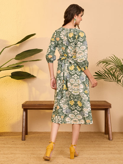 Janasya Sage Fit & Flare Cotton Dress - Dista