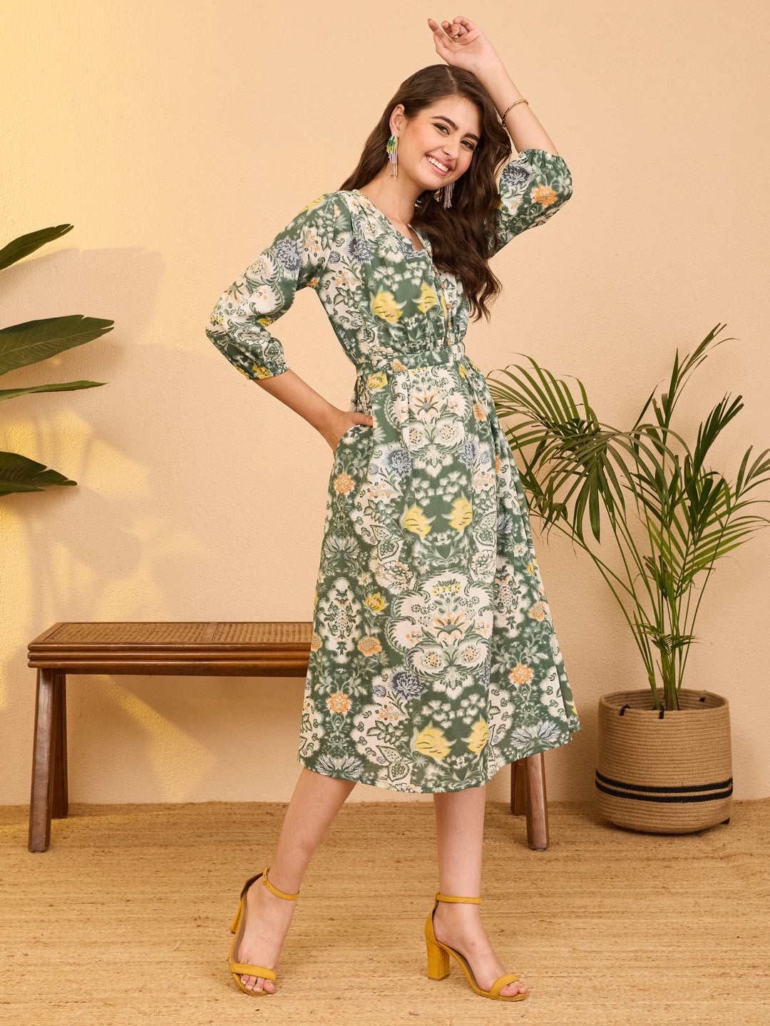 Janasya Sage Fit & Flare Cotton Dress - Dista