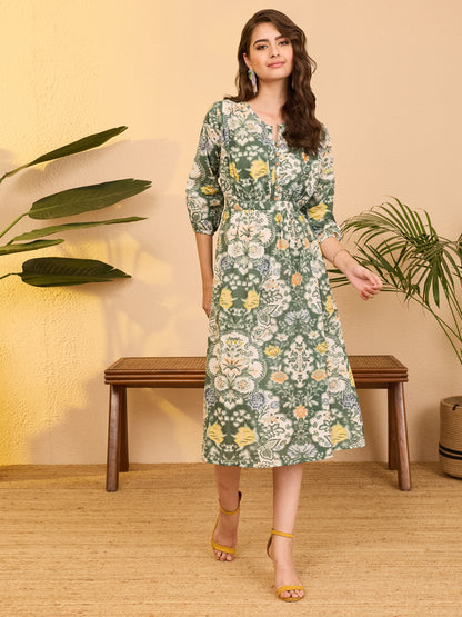 Janasya Sage Fit & Flare Cotton Dress - Dista