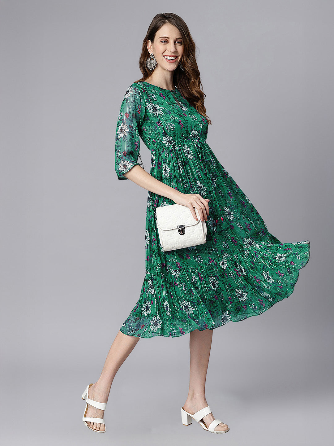 Janasya Green Fit & Flare Chiffon Dress