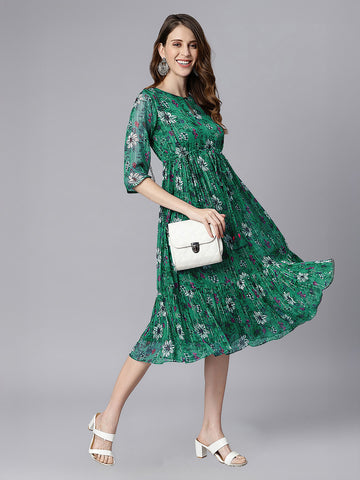 Janasya Green Fit & Flare Chiffon Dress - Dista