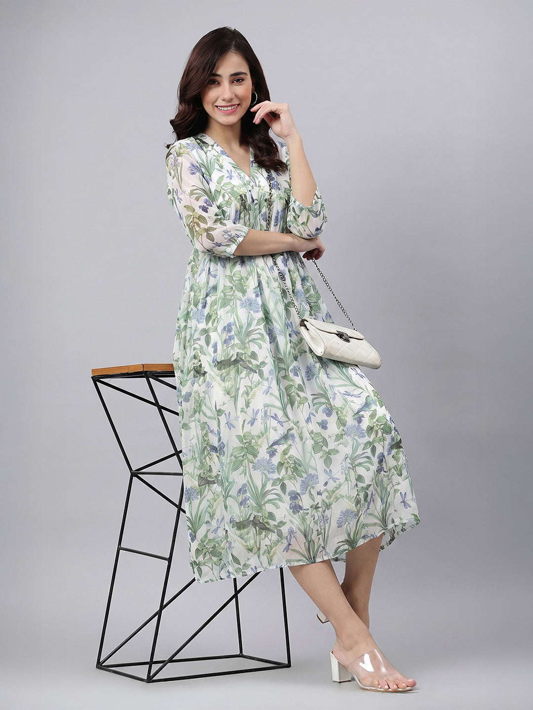 Janasya Off White A-Line Chiffon Dress - Dista