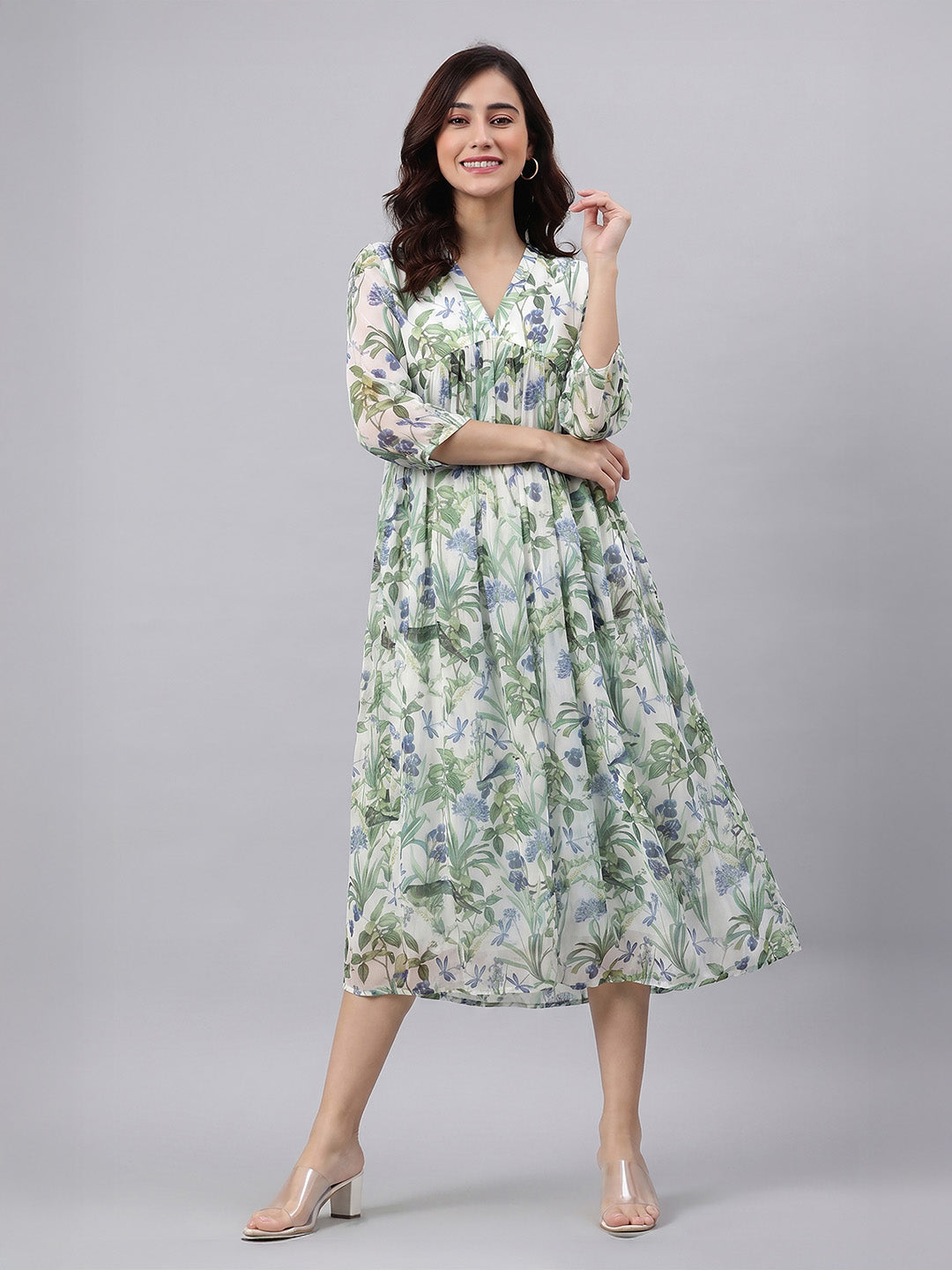 Janasya Off White A-Line Chiffon Dress - Dista