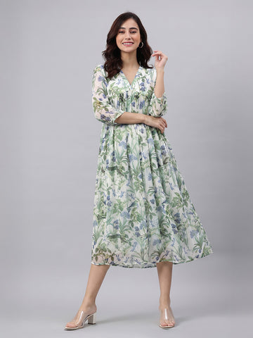 Janasya Off White A-Line Chiffon Dress - Dista
